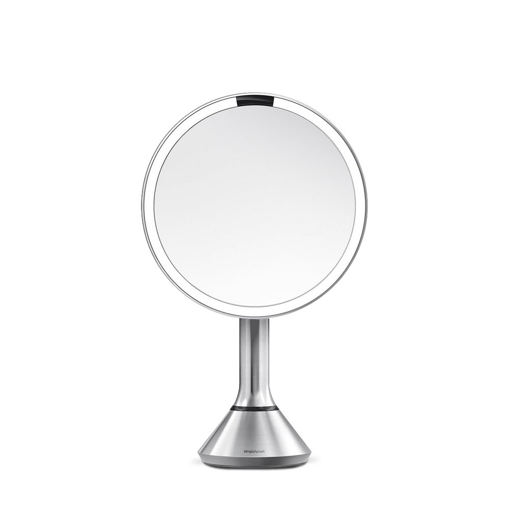 Simplehuman Sensor Mirror Round in Brushed Stainless Steel with touch-control brightness and dual light setting.