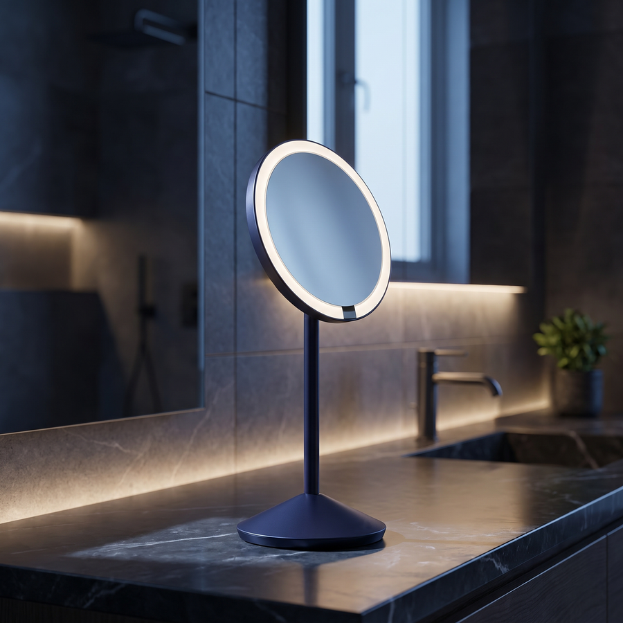 Simplehuman's Nebula Sensor Mirror Fold in a modern bathroom countertop. 
