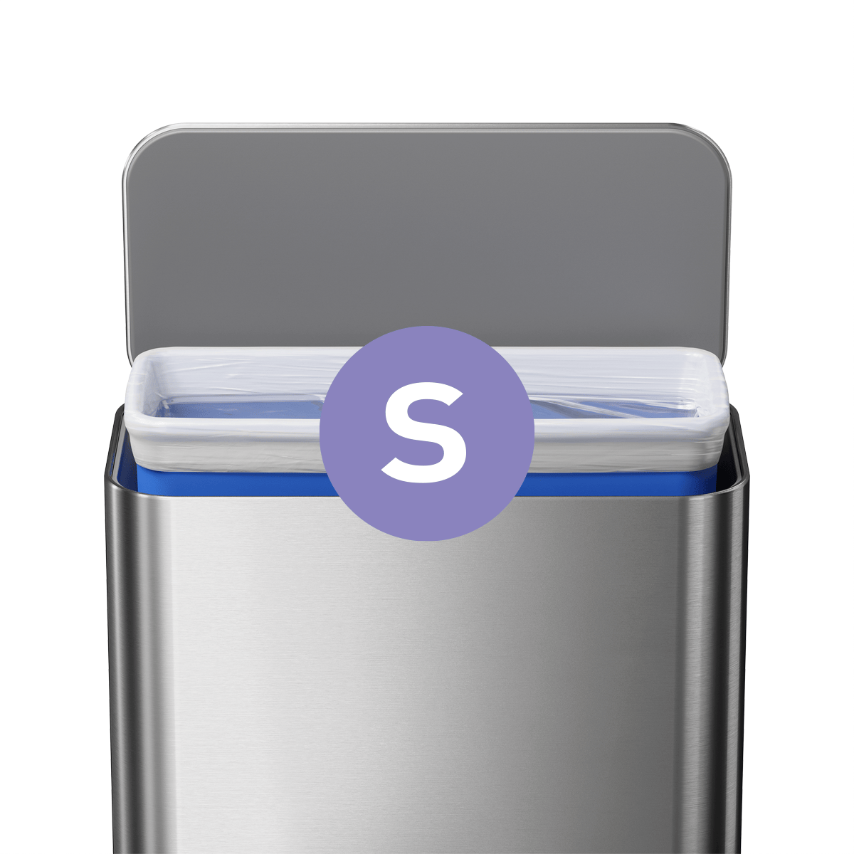 Simplehuman rectangular stainless steel trash can showing Code S custom fit liner installed inside the inner bucket, lid open.