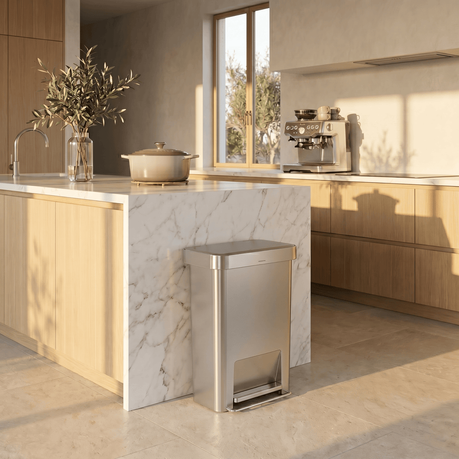 Simplehuman's 45L Hybrid Step Can in a modern kitchen setting.