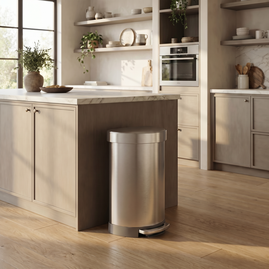 Simplehuman's Semi-Round Step Can in a modern kitchen setting with marble countertops and wooden cabinets.