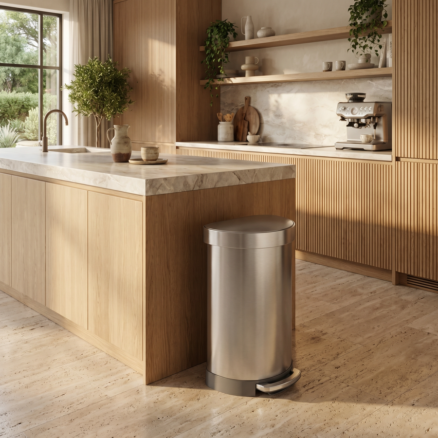 Simplehuman's Semi-Round Step Can in a modern kitchen setting with wooden cabinets and marble countertop.