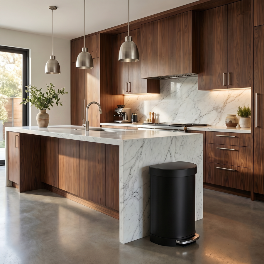 Simplehuman's Semi-Round Step Can in a modern kitchen setting with marble countertop and wooden cabinets