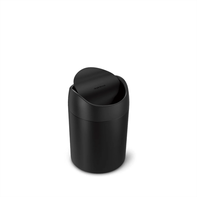 Angled Display of a Simplehuman's Mini Can in matte black. 