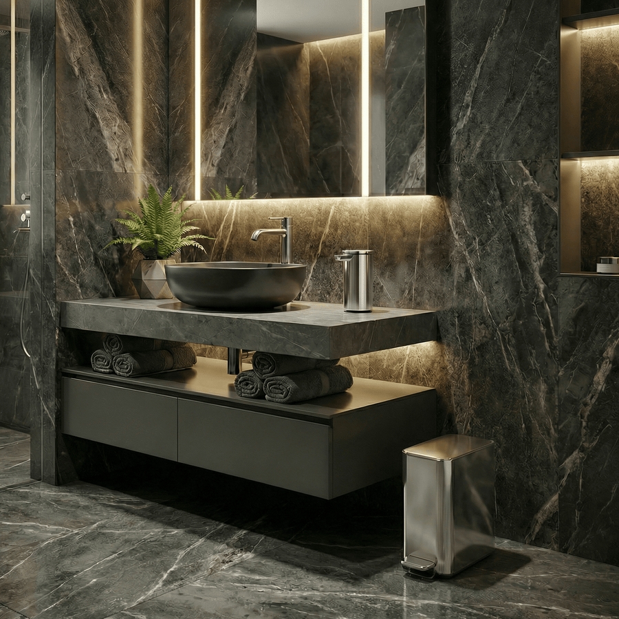 Simplehuman's 5L Slim Step Can in Polished in a modern bathroom setting with towels and a matching sensor pump on the counter top.