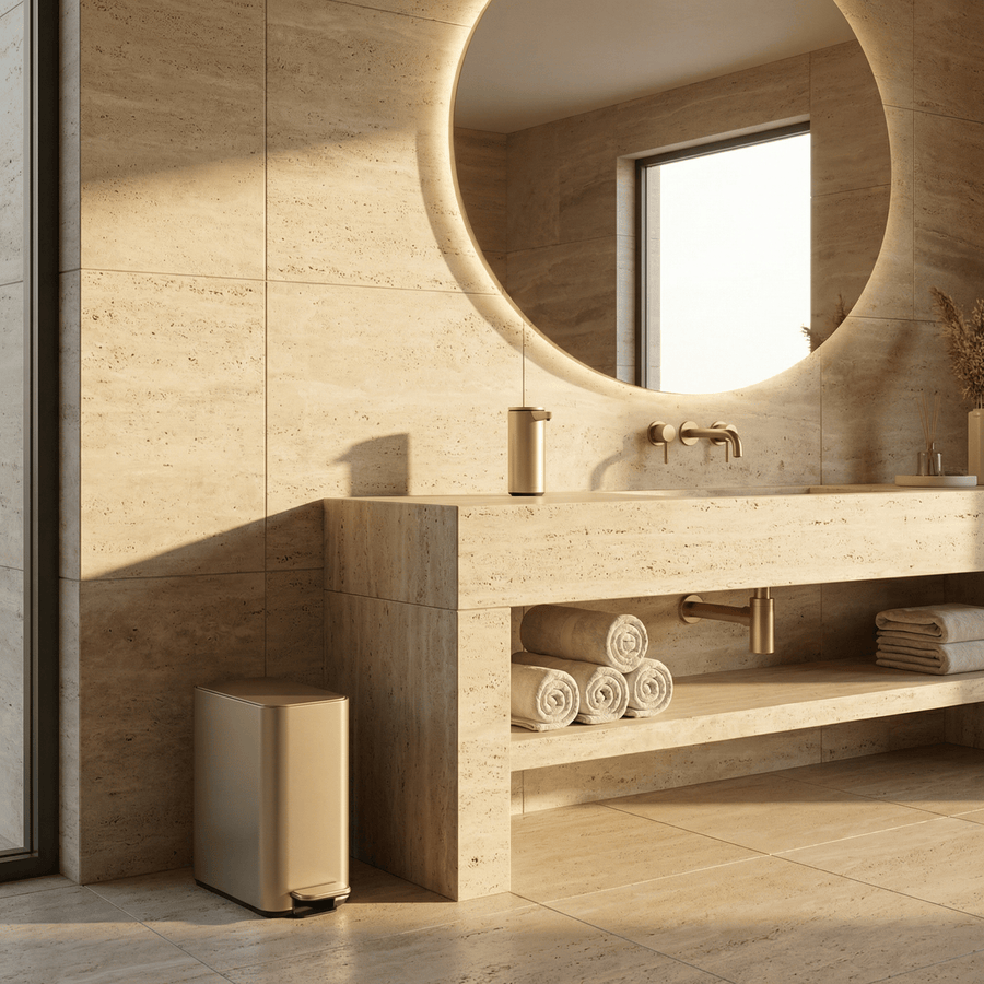 Simplehuman's 5L Slim Step Can in Matte Gold in a modern, simple bathroom setting with the Simplehuman Matte Gold Sensor Pump on the countertop and warm lighting.