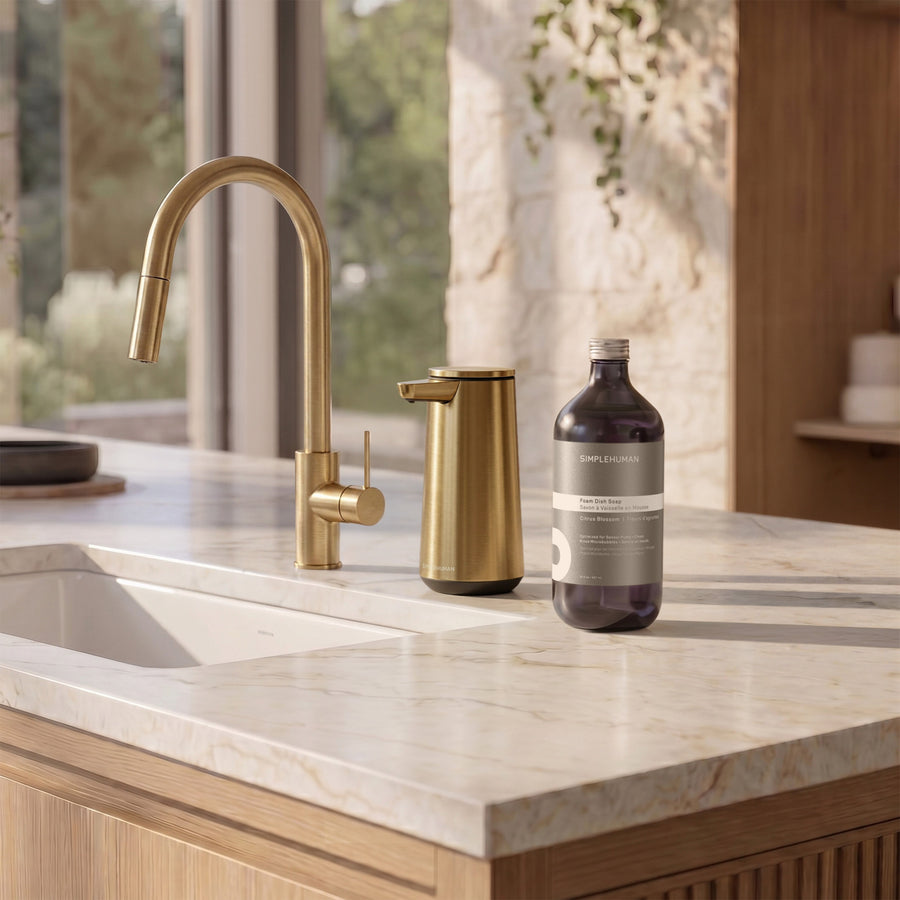 Foam Dish Soap next to the Brass Simplehuman Sensor Pump Foam.