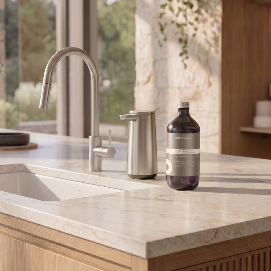 Foam Dish Soap next to Simplehuman's Brushed Sensor Pump Foam.