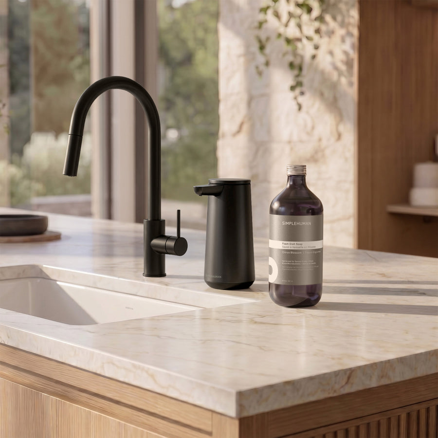 Foam Dish Soap next to Simplehuman's Matte Black Sensor Pump Foam.