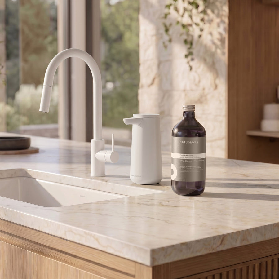 Foam Dish Soap next to Simplehuman's White Sensor Pump Foam. 