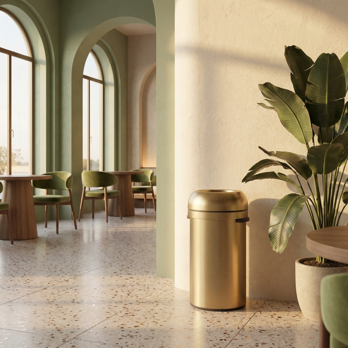 Simplehuman's 60L Bullet Open Can in Gold in a restaurant setting with green and wooden furniture and a potted plant.