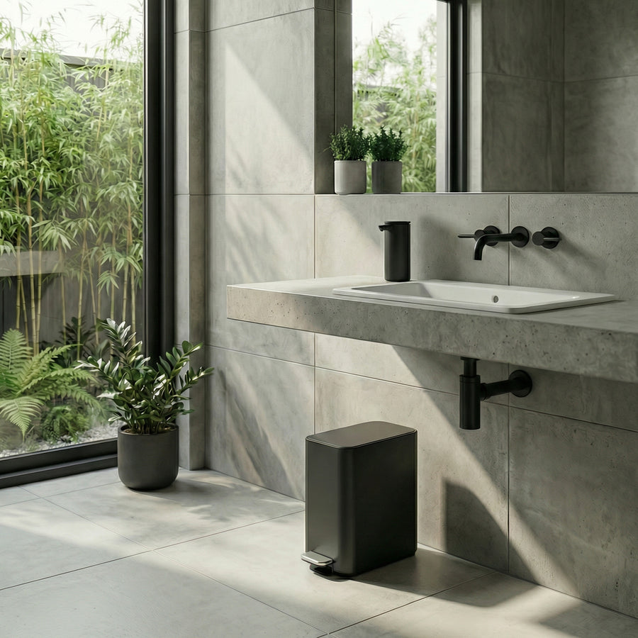 Simplehuman's 5L Slim Step Can in a modern bathroom environment with neutral tiles on the walls and floors including greenery in the background.