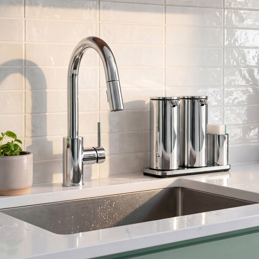 Simplehuman's Dual 14 oz. Sensor Pump in Polished in a modern kitchen setting with marble counter top.