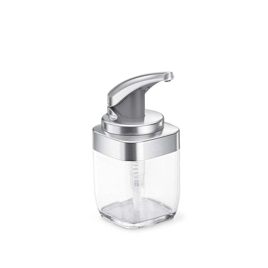 Angled view: Simplehuman Square Push Pump soap dispenser, Brushed Nickel finish, clear easy-view reservoir.
