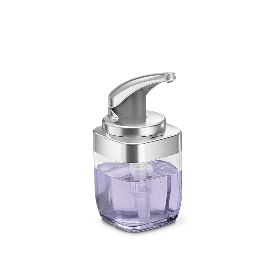 Simplehuman Square Push Pump soap dispenser in Brushed Nickel with clear easy-fill reservoir.
