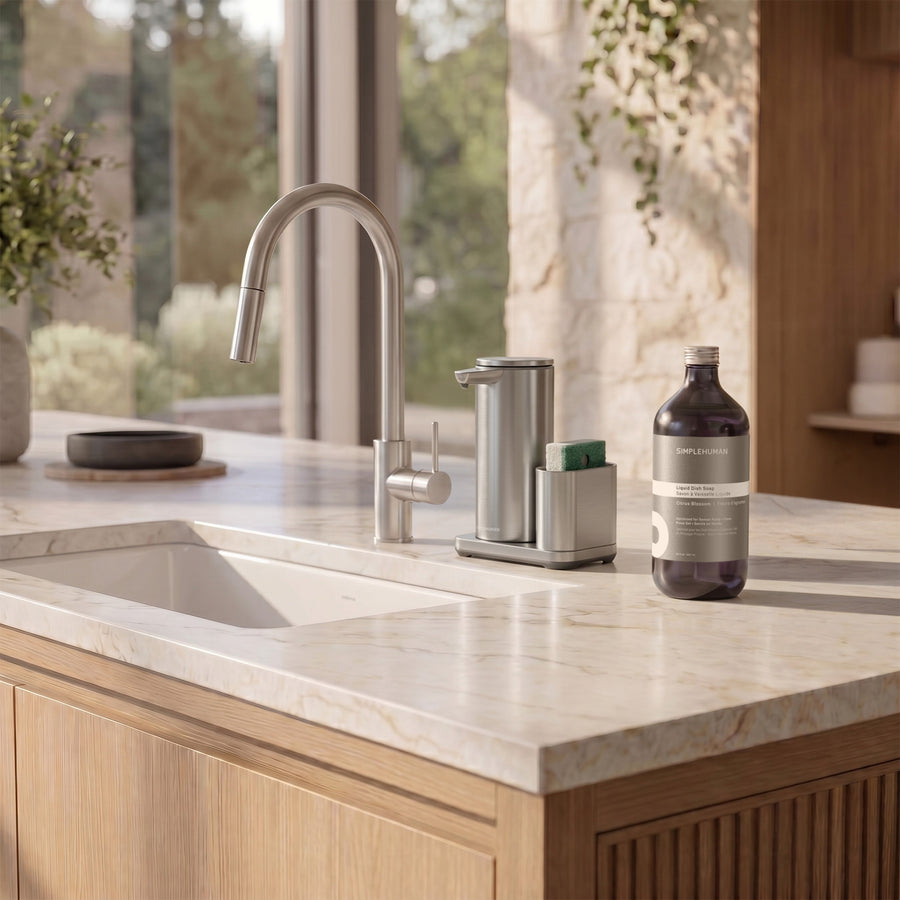 Simplehuman's Liquid Sensor Pump with Caddy with Liquid Dish Soap Refill Bottle. 