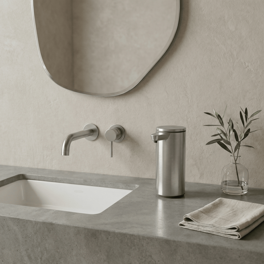Simplehuman's Brushed Sensor Pump in a simple bathroom setting.