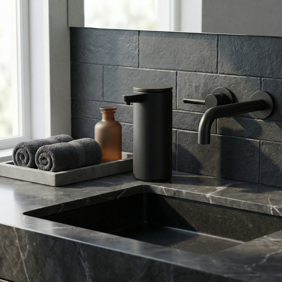 Simplehuman's 9 oz. Sensor Pump in Matte Black in a darker marble styled bathroom setting. In the background, black towels and appliances are featured. 