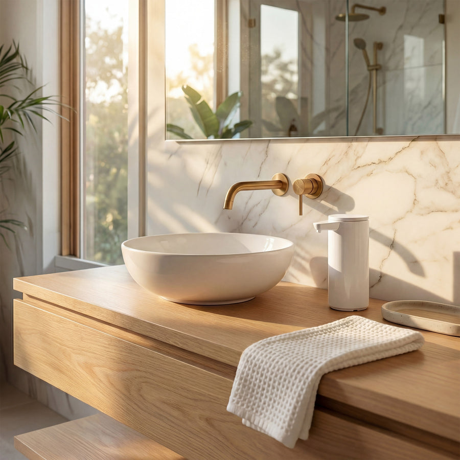 Simplehuman's 9 oz. Liquid Sensor Pump in White in a modern kitchen setting with brass appliances, marble walls, and wooden countertop. 