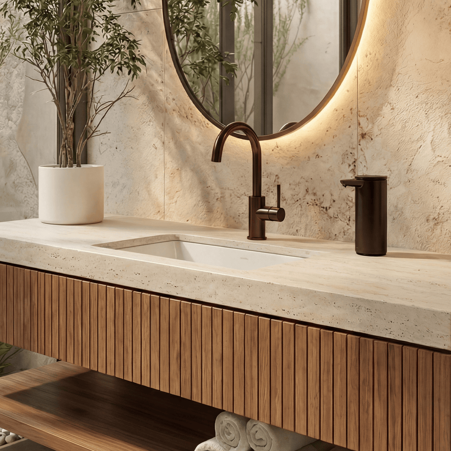 Simplehuman's 9 oz. Liquid Sensor Pump in Oiled Bronze in a well lit restaurant restroom setting. 