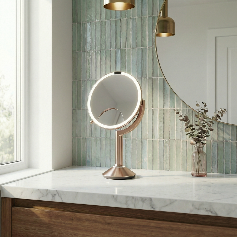 Simplehuman's Sensor Mirror Trio in Rose Gold in a well-lit bathroom setting with the tru-lux lighting put on for full display.
