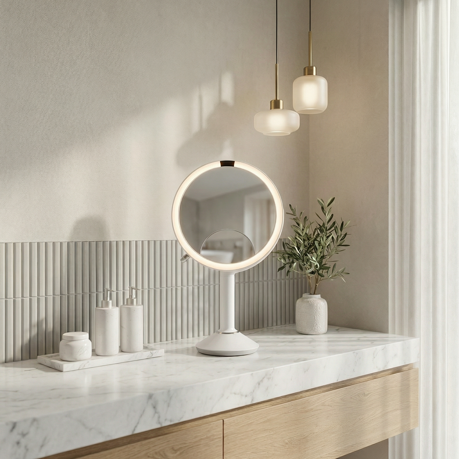 Simplehuman's White Sensor Mirror Trio in White in a well-lit bathroom setting with neutral shades in the background