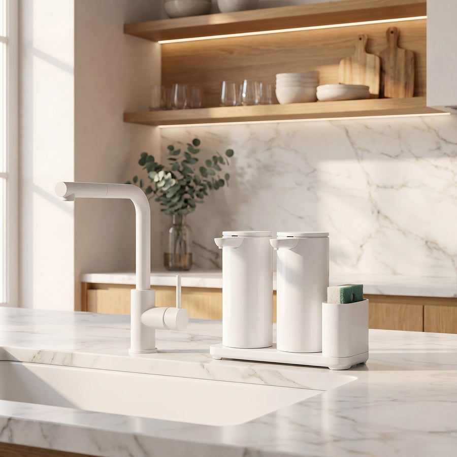 Simplehuman's Dual 14 oz. Sensor Pump in White in a modern kitchen setting with marble counter top and wooden cabinets.
