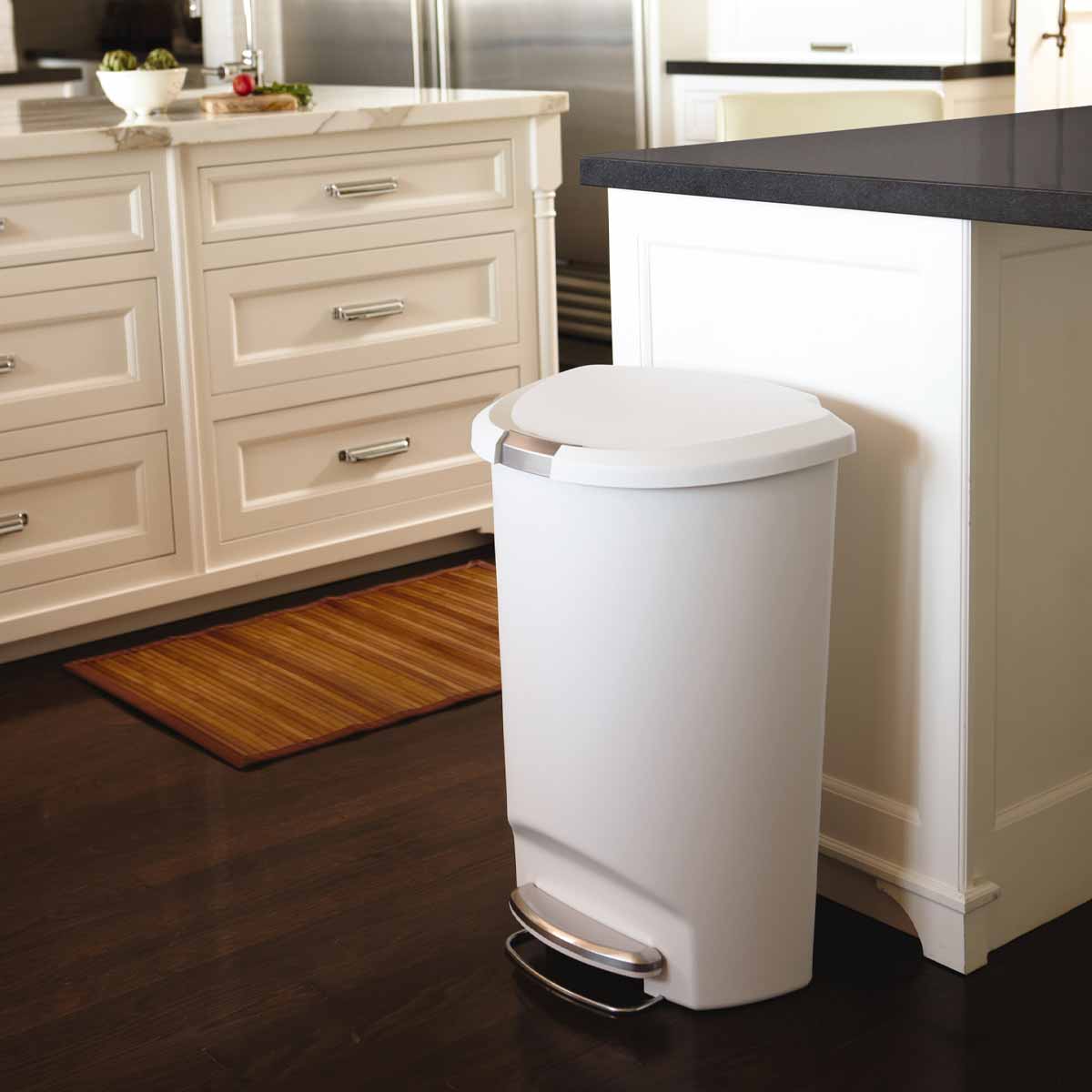 50L semi-round plastic step trash can - white - lifestyle in kitchen image