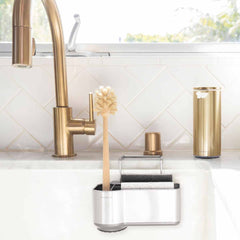 sink caddy - lifestyle attached to sink with brass fixtures
