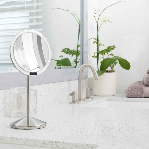 sensor mirror fold - brushed finish - lifestyle mirror on bathroom sink image 